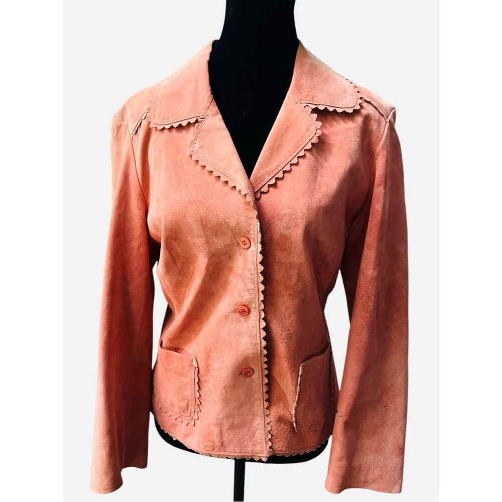 Karen Kane Vintage Pink Leather Jacket Scalloped Collar Satin Lined Size LP